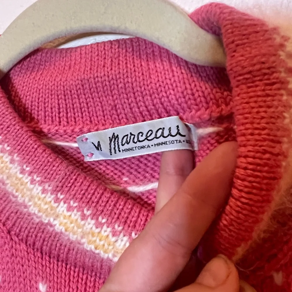 Vintage Marceau Wool Angora Fair‎ Isle Sweater Fuzzy Pink Mustard Cottagecore